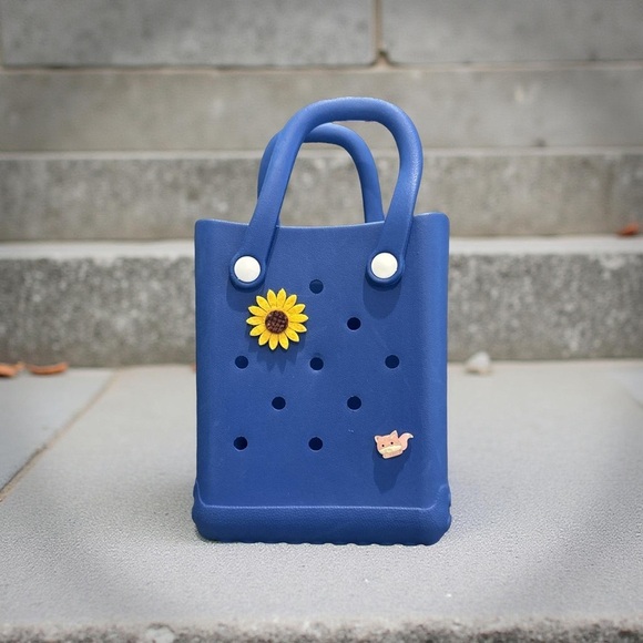 Handbags - Blue Tote Bag with Sunflower and Cat Charms